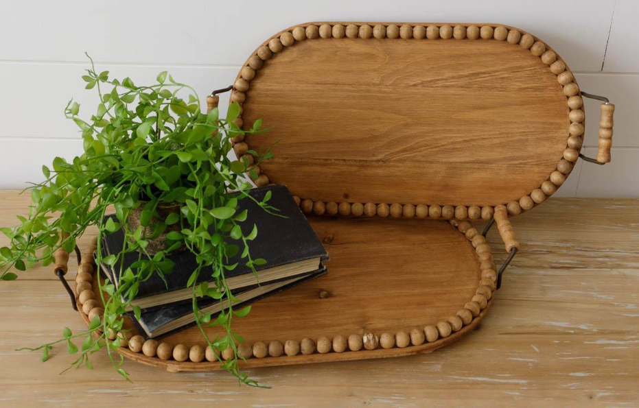 Farmhouse Oval Wood Oval Tray with Beaded Edge - Small