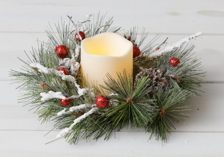 Frosted Forest Pine Candle Ring with Glitter Berries