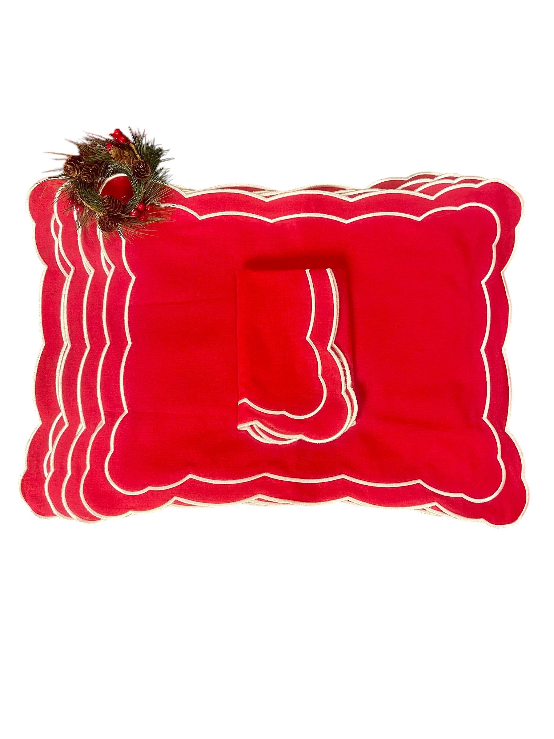 Berry Red Scalloped Napkins and Placemats (S/4)